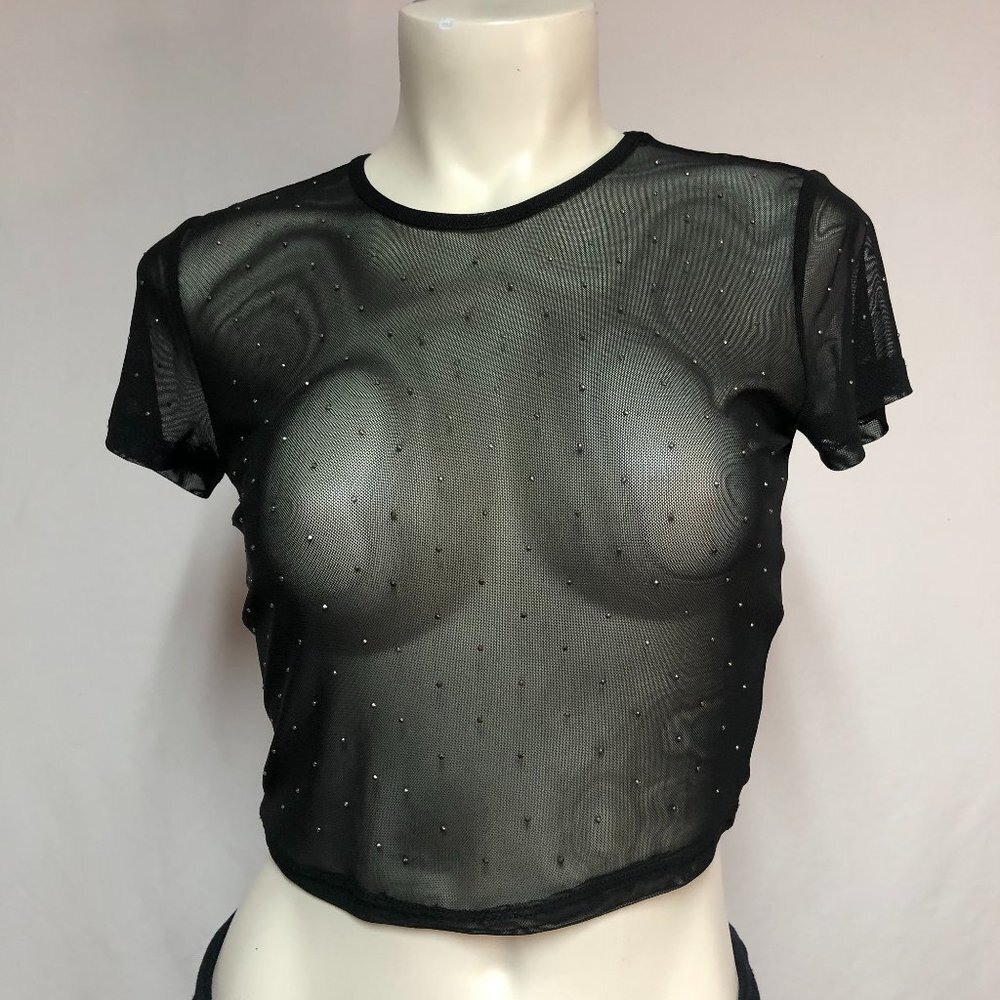 NWT Garage Black Mesh Short Sleeve Crop Top With Rhinestones Size Small